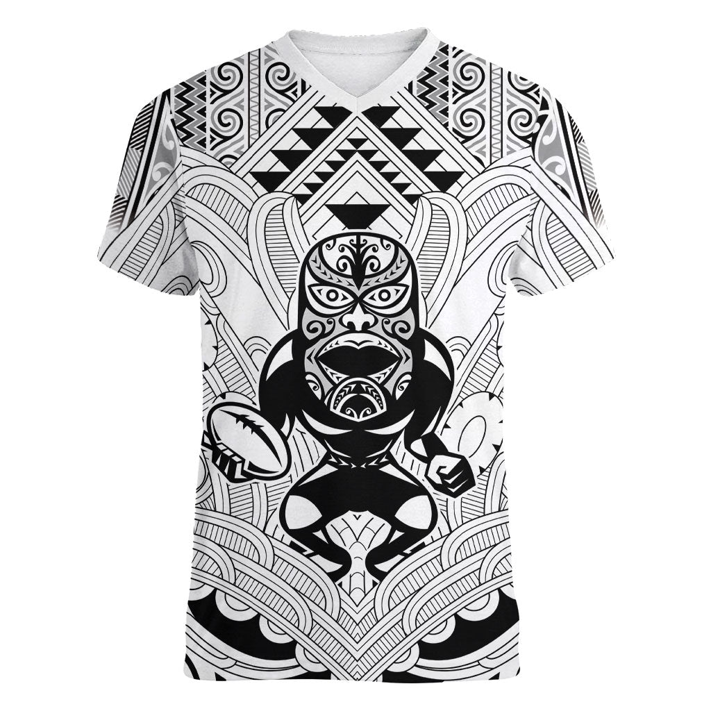 2026 Autumn Rugby Nations New Zealand Custom Women V-Neck T-Shirt White Kowhaiwhai Maori Tribal Taniko Motif