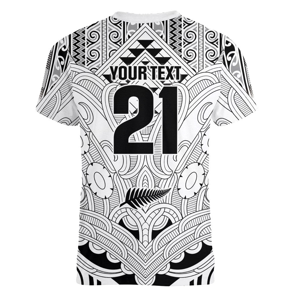 2026 Autumn Rugby Nations New Zealand Custom Women V-Neck T-Shirt White Kowhaiwhai Maori Tribal Taniko Motif