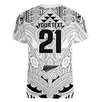 2026 Autumn Rugby Nations New Zealand Custom Women V-Neck T-Shirt White Kowhaiwhai Maori Tribal Taniko Motif