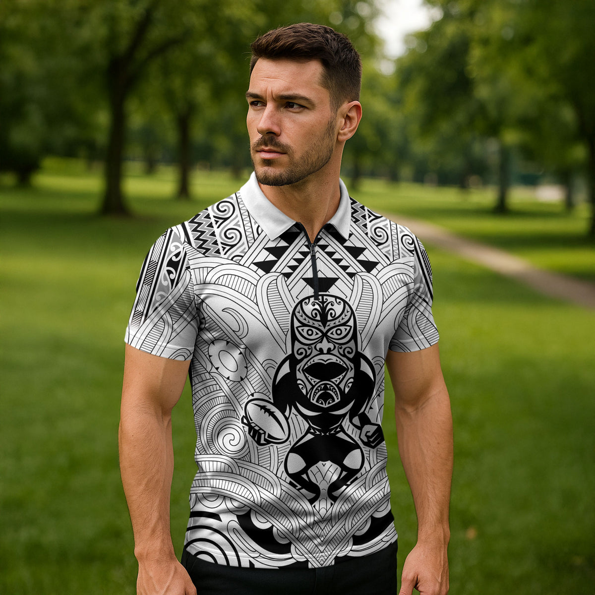 2026 Autumn Rugby Nations New Zealand Custom Zipper Polo Shirt White Kowhaiwhai Maori Tribal Taniko Motif