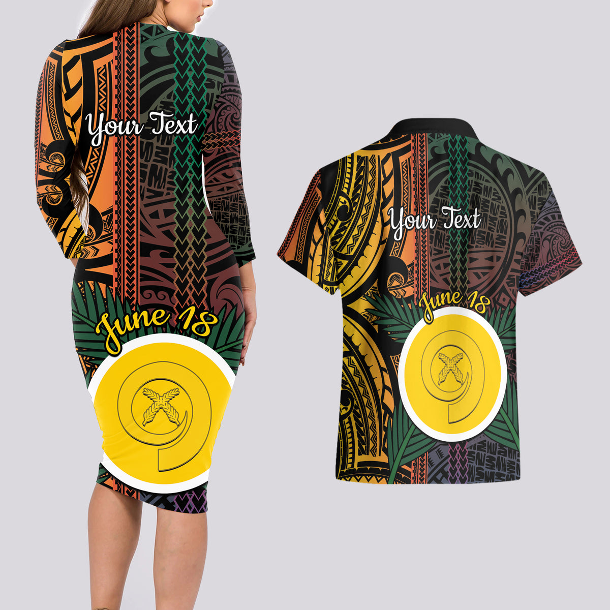 Personalised Shefa Day Couples Matching Long Sleeve Bodycon Dress and Hawaiian Shirt Happy June 18 Vanuatu Province