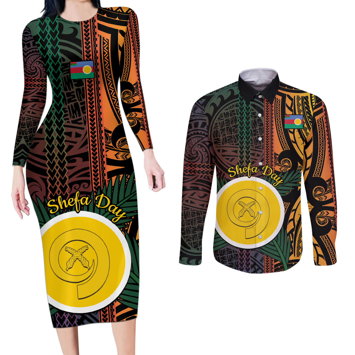 Personalised Shefa Day Couples Matching Long Sleeve Bodycon Dress and Long Sleeve Button Shirt Happy June 18 Vanuatu Province