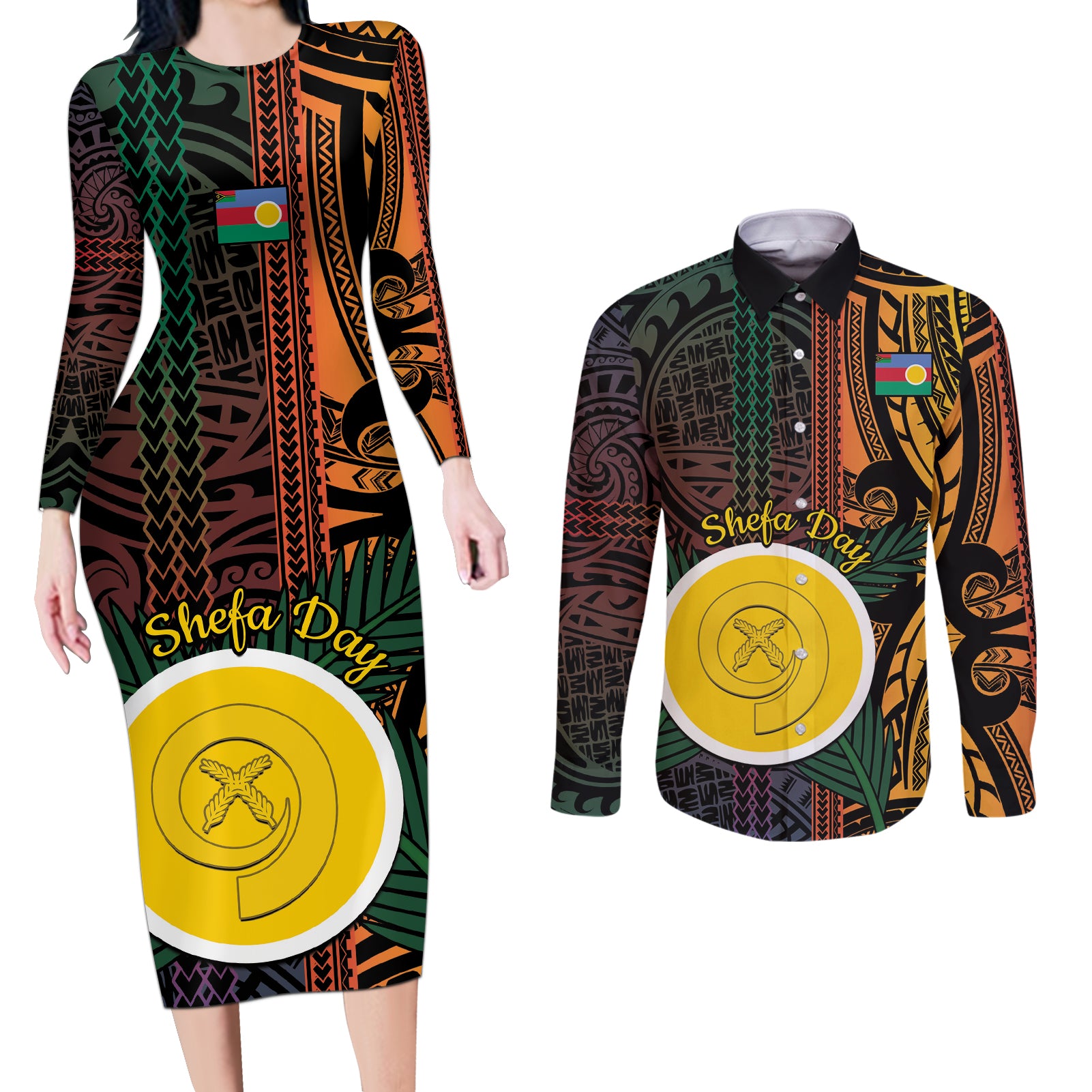Personalised Shefa Day Couples Matching Long Sleeve Bodycon Dress and Long Sleeve Button Shirt Happy June 18 Vanuatu Province