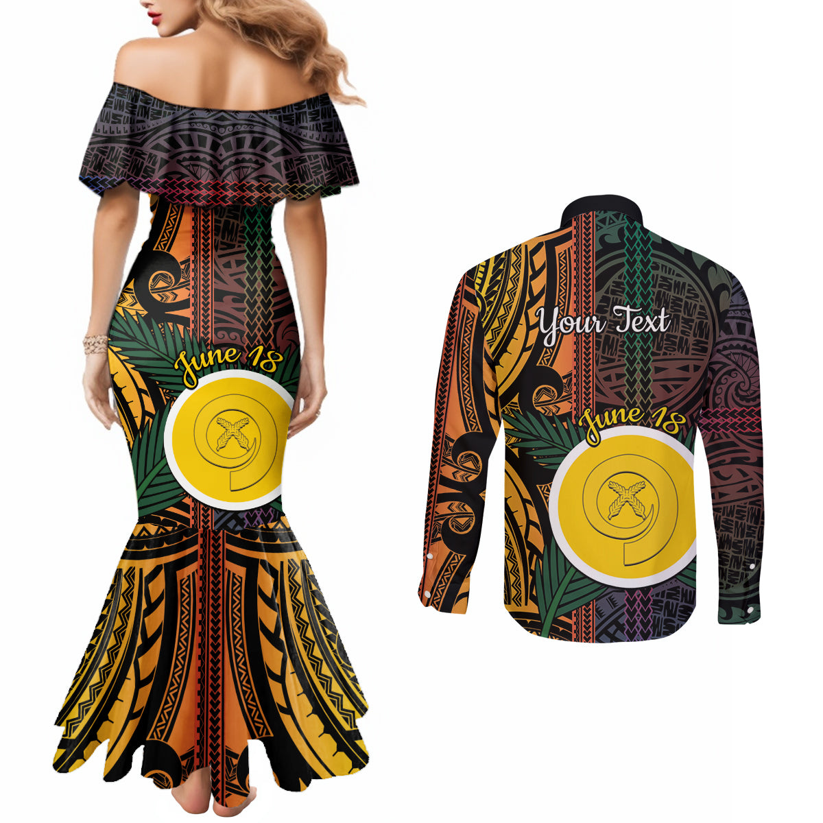 Personalised Shefa Day Couples Matching Mermaid Dress and Long Sleeve Button Shirt Happy June 18 Vanuatu Province