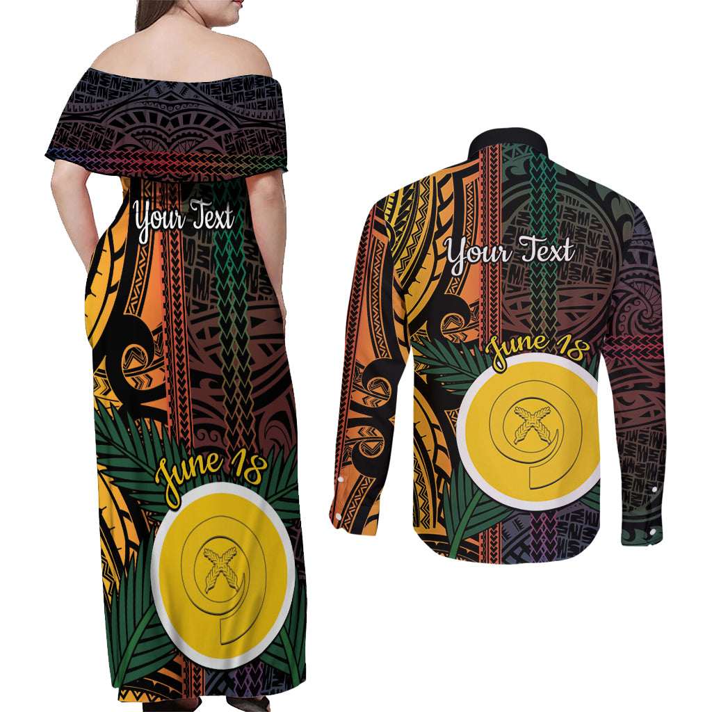 Personalised Shefa Day Couples Matching Off Shoulder Maxi Dress and Long Sleeve Button Shirt Happy June 18 Vanuatu Province