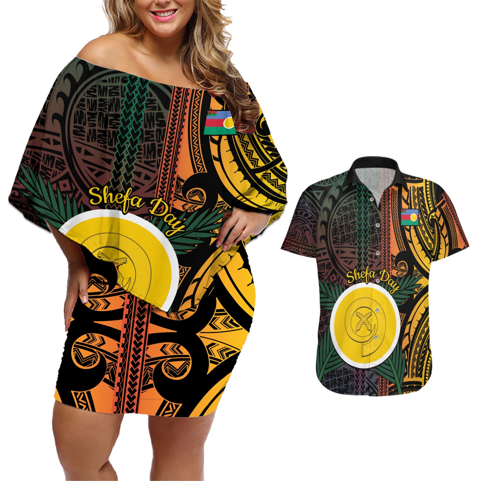Personalised Shefa Day Couples Matching Off Shoulder Short Dress and Hawaiian Shirt Happy June 18 Vanuatu Province