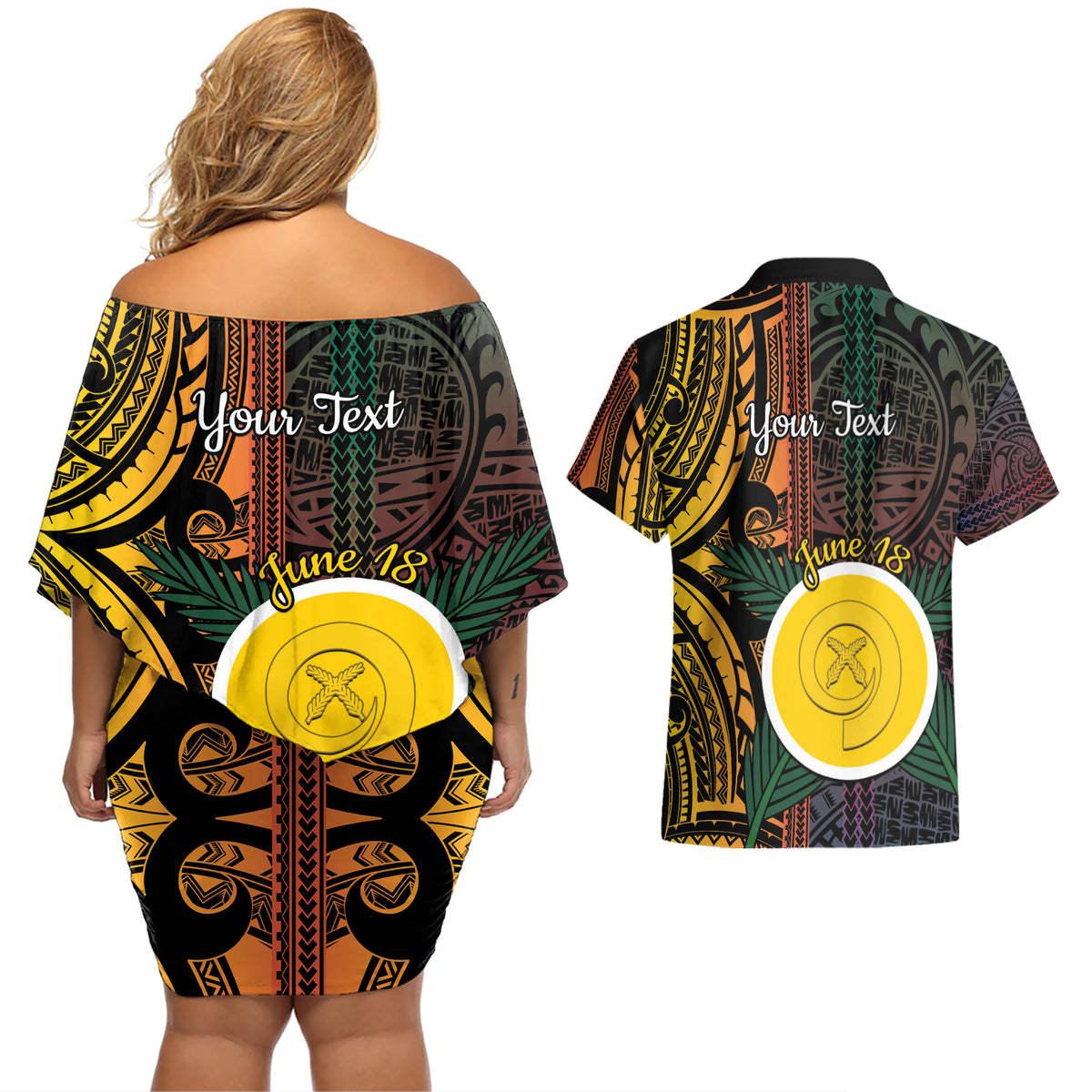 Personalised Shefa Day Couples Matching Off Shoulder Short Dress and Hawaiian Shirt Happy June 18 Vanuatu Province