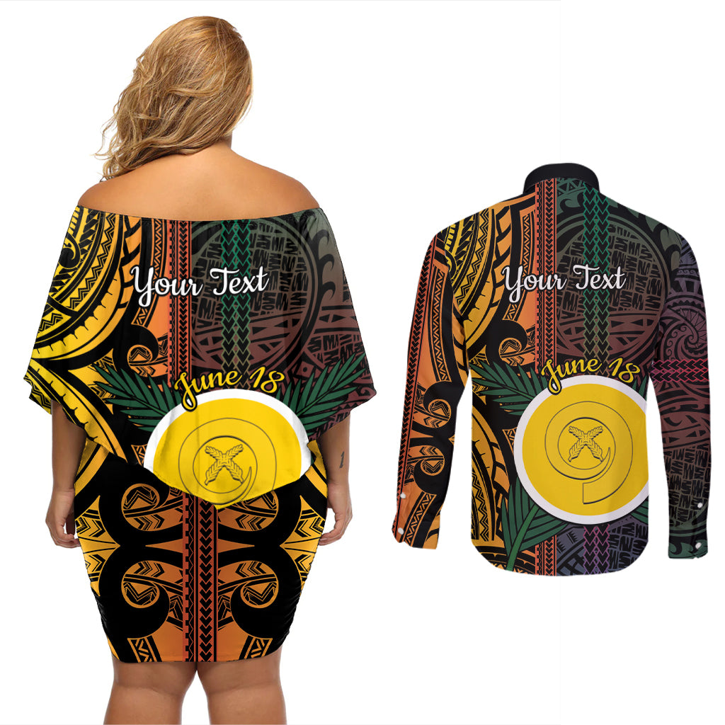 Personalised Shefa Day Couples Matching Off Shoulder Short Dress and Long Sleeve Button Shirt Happy June 18 Vanuatu Province