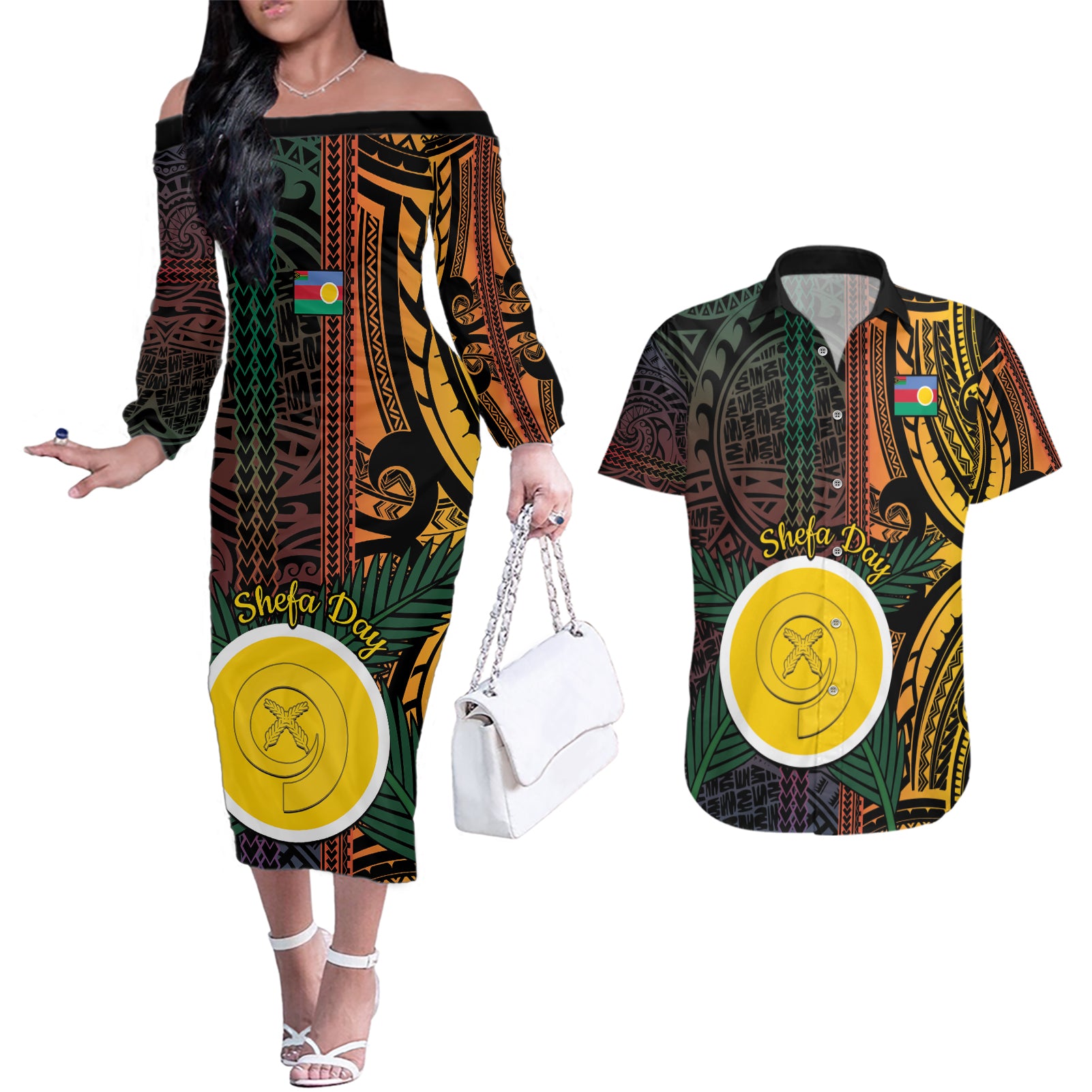 Personalised Shefa Day Couples Matching Off The Shoulder Long Sleeve Dress and Hawaiian Shirt Happy June 18 Vanuatu Province