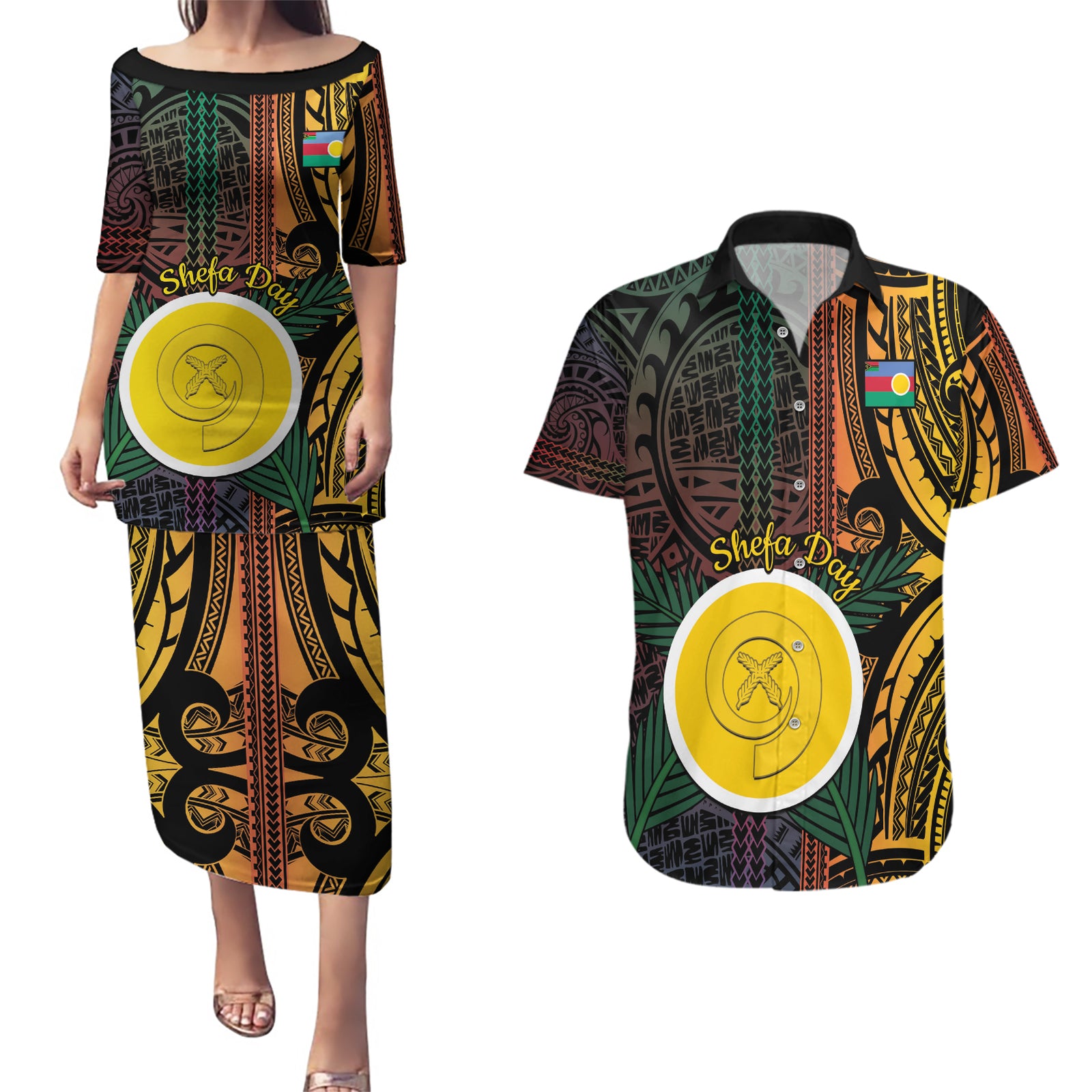 Personalised Shefa Day Couples Matching Puletasi and Hawaiian Shirt Happy June 18 Vanuatu Province
