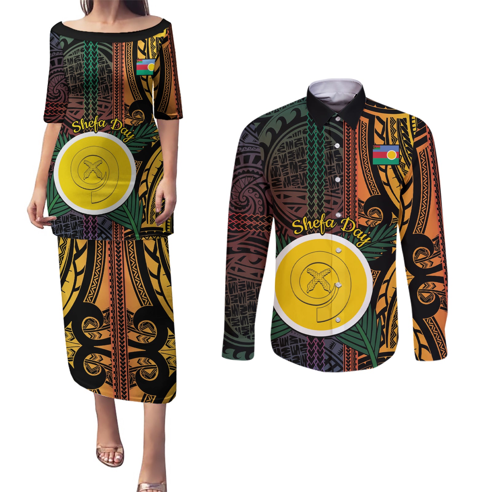 Personalised Shefa Day Couples Matching Puletasi and Long Sleeve Button Shirt Happy June 18 Vanuatu Province