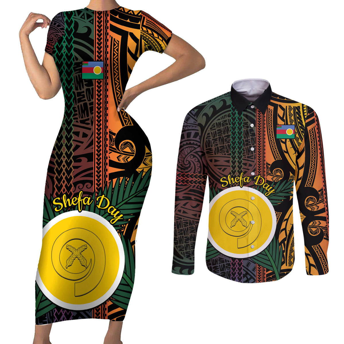Personalised Shefa Day Couples Matching Short Sleeve Bodycon Dress and Long Sleeve Button Shirt Happy June 18 Vanuatu Province