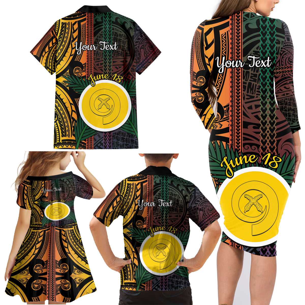 Personalised Shefa Day Family Matching Long Sleeve Bodycon Dress and Hawaiian Shirt Happy June 18 Vanuatu Province