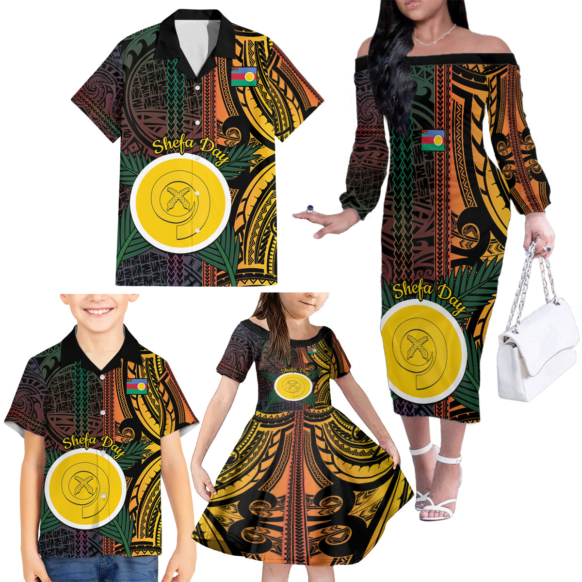 Personalised Shefa Day Family Matching Off The Shoulder Long Sleeve Dress and Hawaiian Shirt Happy June 18 Vanuatu Province