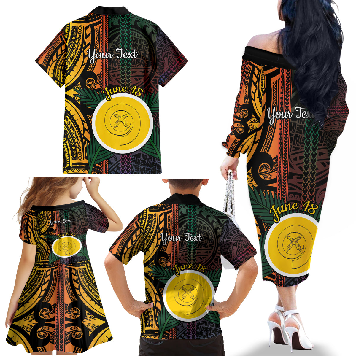 Personalised Shefa Day Family Matching Off The Shoulder Long Sleeve Dress and Hawaiian Shirt Happy June 18 Vanuatu Province