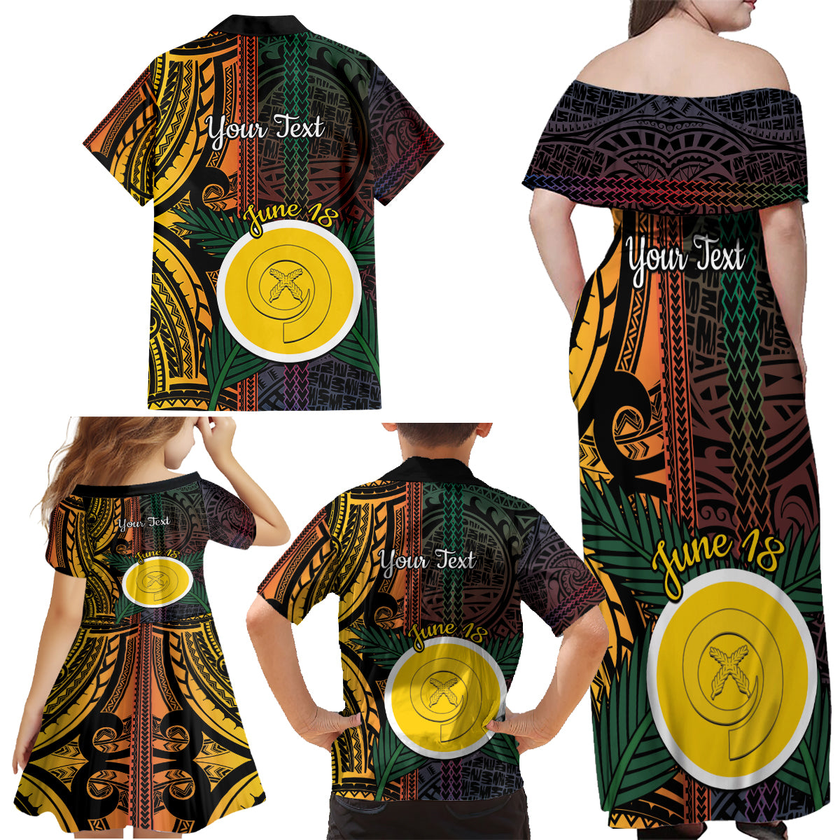 Personalised Shefa Day Family Matching Off Shoulder Maxi Dress and Hawaiian Shirt Happy June 18 Vanuatu Province