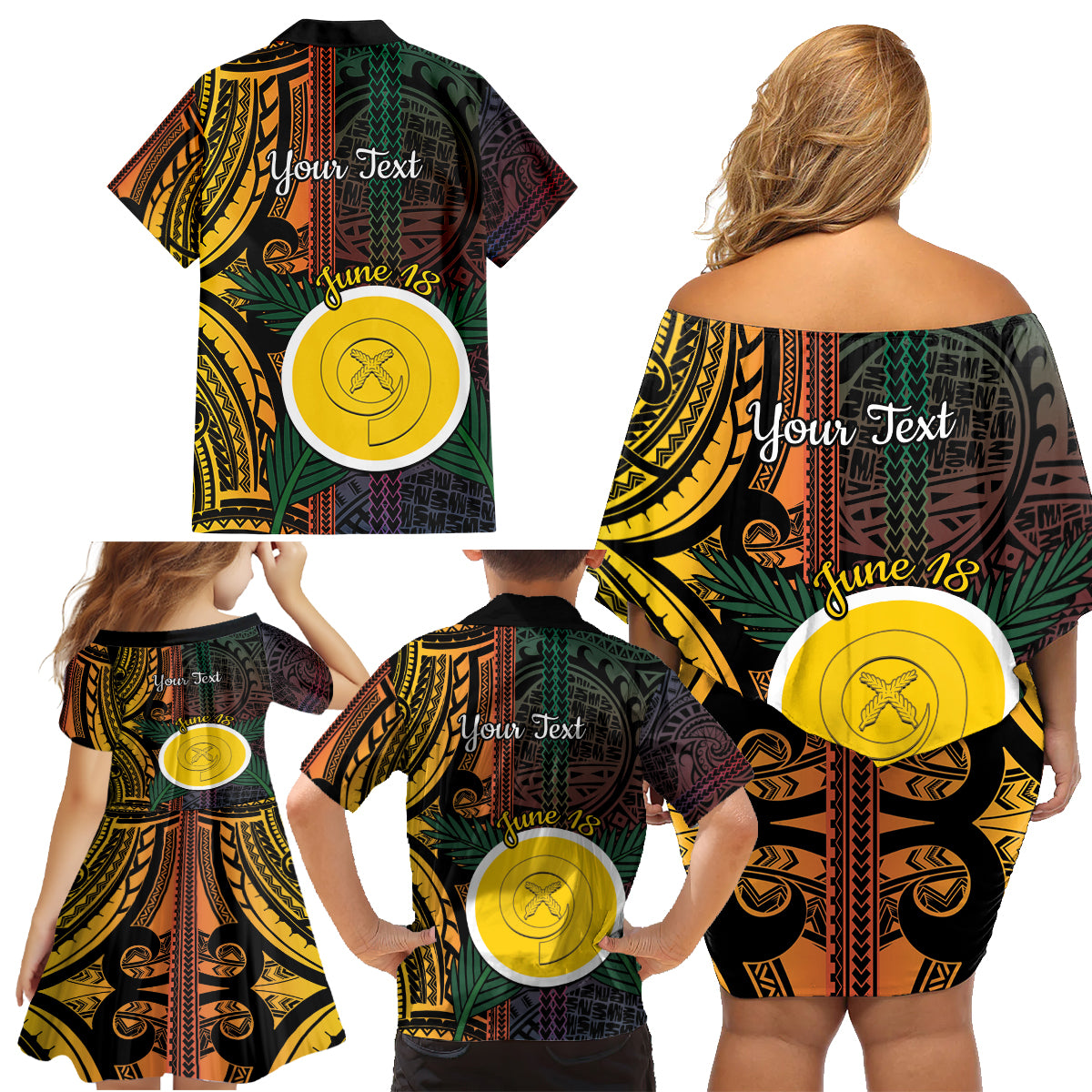 Personalised Shefa Day Family Matching Off Shoulder Short Dress and Hawaiian Shirt Happy June 18 Vanuatu Province