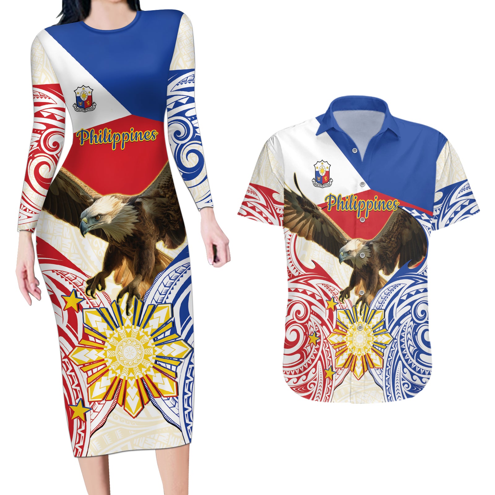 Philippines Independence Day Couples Matching Long Sleeve Bodycon Dress and Hawaiian Shirt Pilipinas Eagle 126th Anniversary LT14 Blue - Polynesian Pride