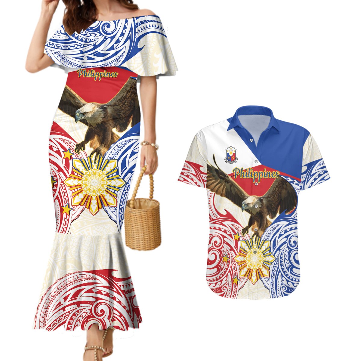 Philippines Independence Day Couples Matching Mermaid Dress and Hawaiian Shirt Pilipinas Eagle 126th Anniversary LT14 Blue - Polynesian Pride