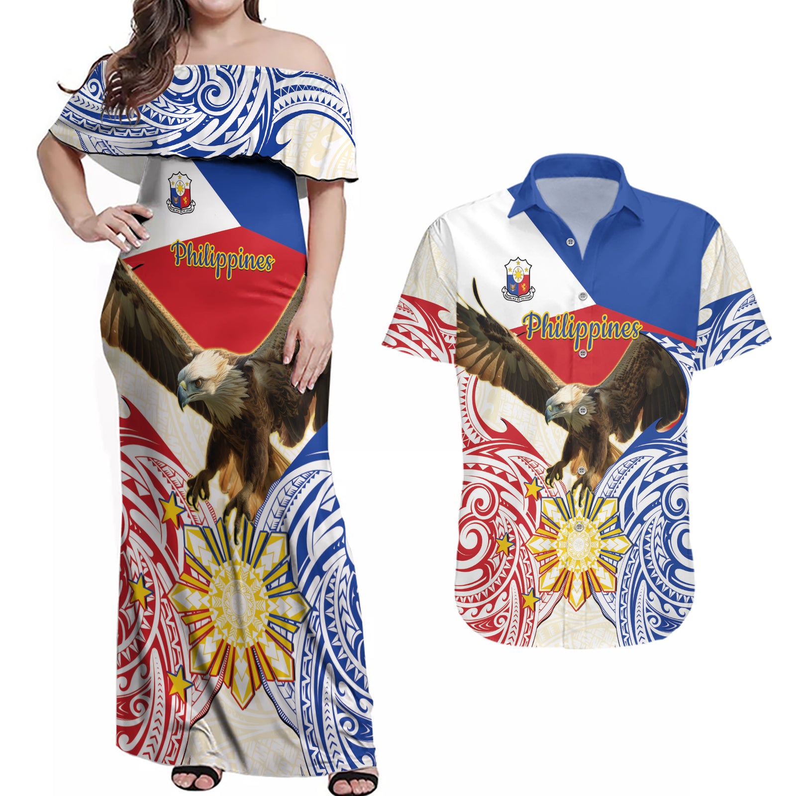 Philippines Independence Day Couples Matching Off Shoulder Maxi Dress and Hawaiian Shirt Pilipinas Eagle 126th Anniversary LT14 Blue - Polynesian Pride