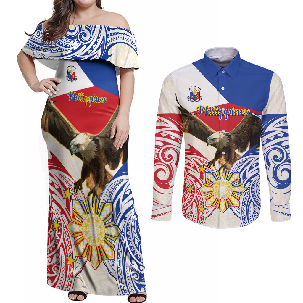 Philippines Independence Day Couples Matching Off Shoulder Maxi Dress and Long Sleeve Button Shirt Pilipinas Eagle 126th Anniversary LT14 Blue - Polynesian Pride