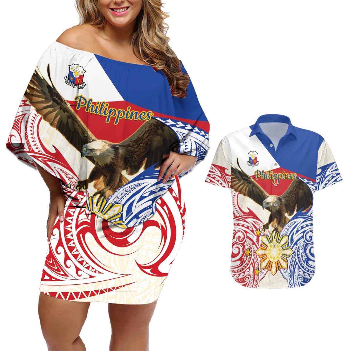 Philippines Independence Day Couples Matching Off Shoulder Short Dress and Hawaiian Shirt Pilipinas Eagle 126th Anniversary LT14 Blue - Polynesian Pride