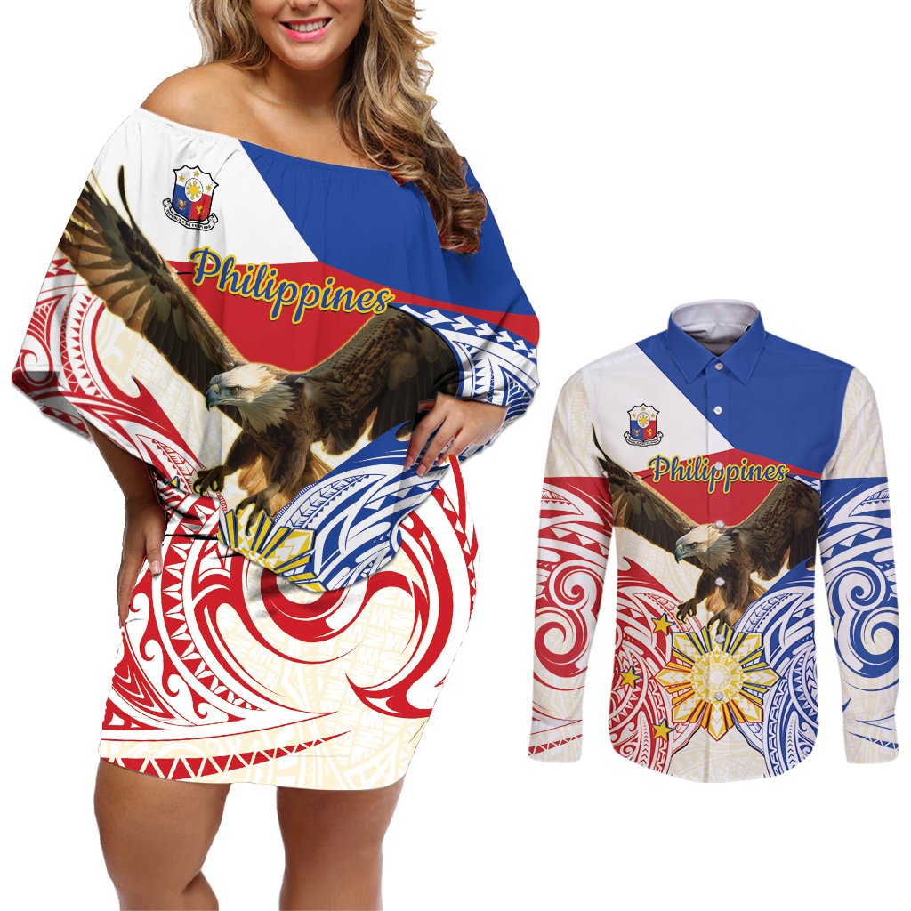 Philippines Independence Day Couples Matching Off Shoulder Short Dress and Long Sleeve Button Shirt Pilipinas Eagle 126th Anniversary LT14 Blue - Polynesian Pride