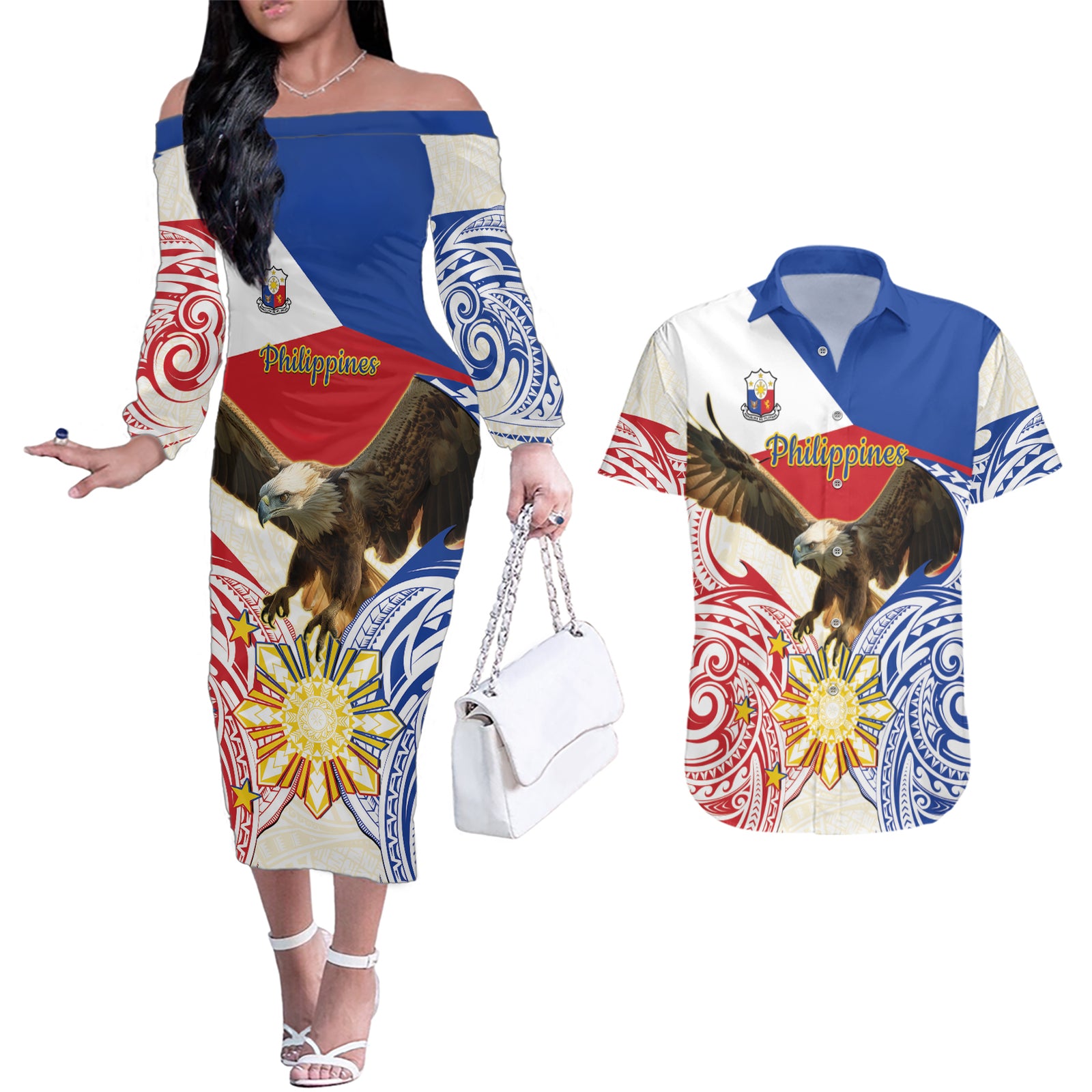 Philippines Independence Day Couples Matching Off The Shoulder Long Sleeve Dress and Hawaiian Shirt Pilipinas Eagle 126th Anniversary LT14 Blue - Polynesian Pride
