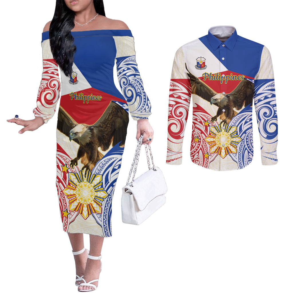 Philippines Independence Day Couples Matching Off The Shoulder Long Sleeve Dress and Long Sleeve Button Shirt Pilipinas Eagle 126th Anniversary LT14 Blue - Polynesian Pride