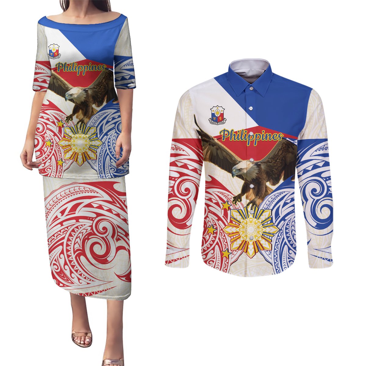Philippines Independence Day Couples Matching Puletasi and Long Sleeve Button Shirt Pilipinas Eagle 126th Anniversary LT14 Blue - Polynesian Pride