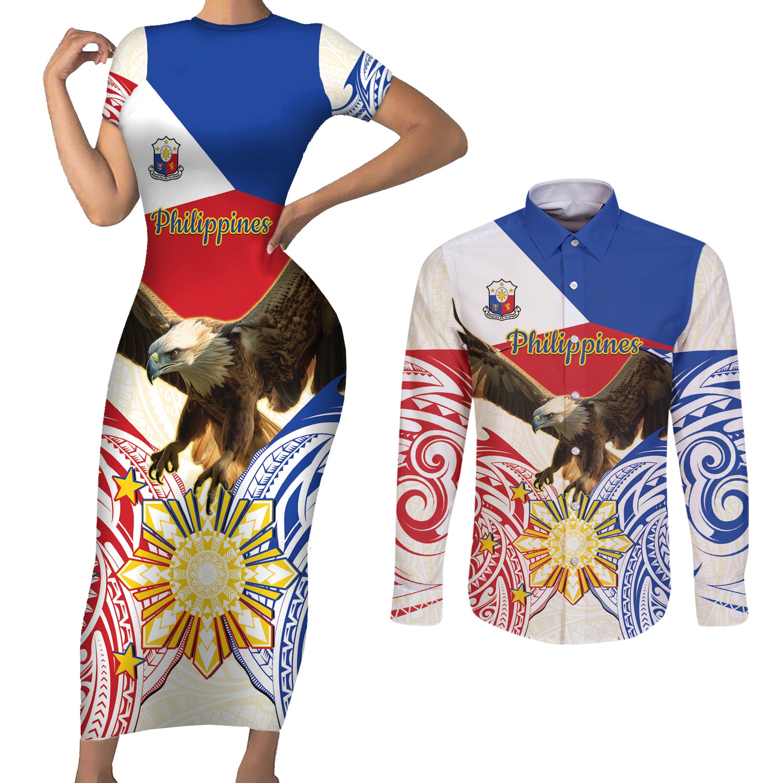 Philippines Independence Day Couples Matching Short Sleeve Bodycon Dress and Long Sleeve Button Shirt Pilipinas Eagle 126th Anniversary LT14 Blue - Polynesian Pride