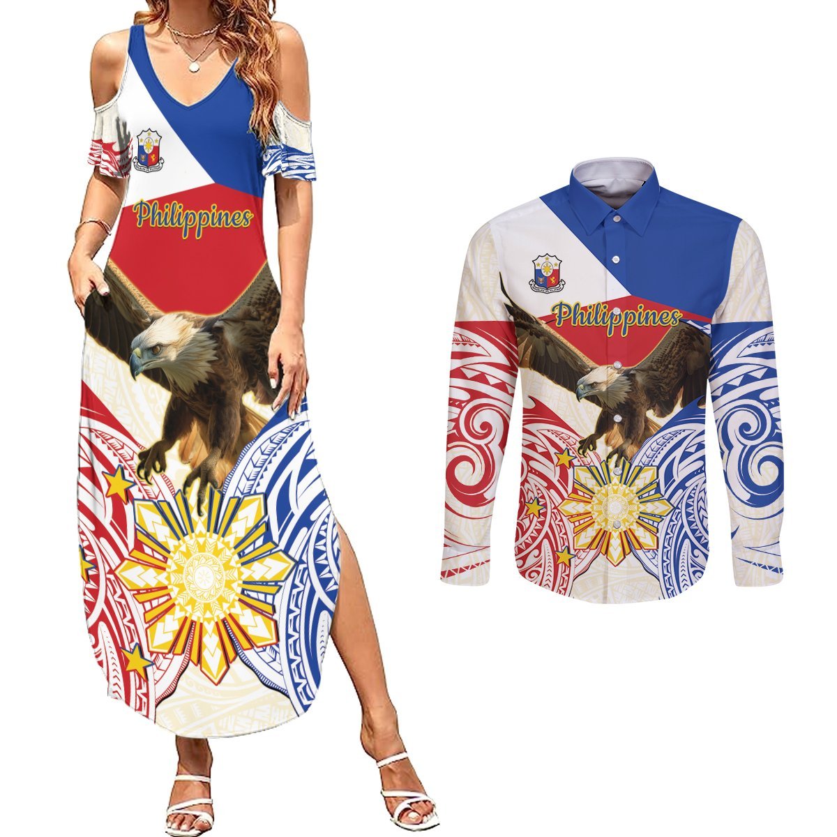 Philippines Independence Day Couples Matching Summer Maxi Dress and Long Sleeve Button Shirt Pilipinas Eagle 126th Anniversary LT14 Blue - Polynesian Pride