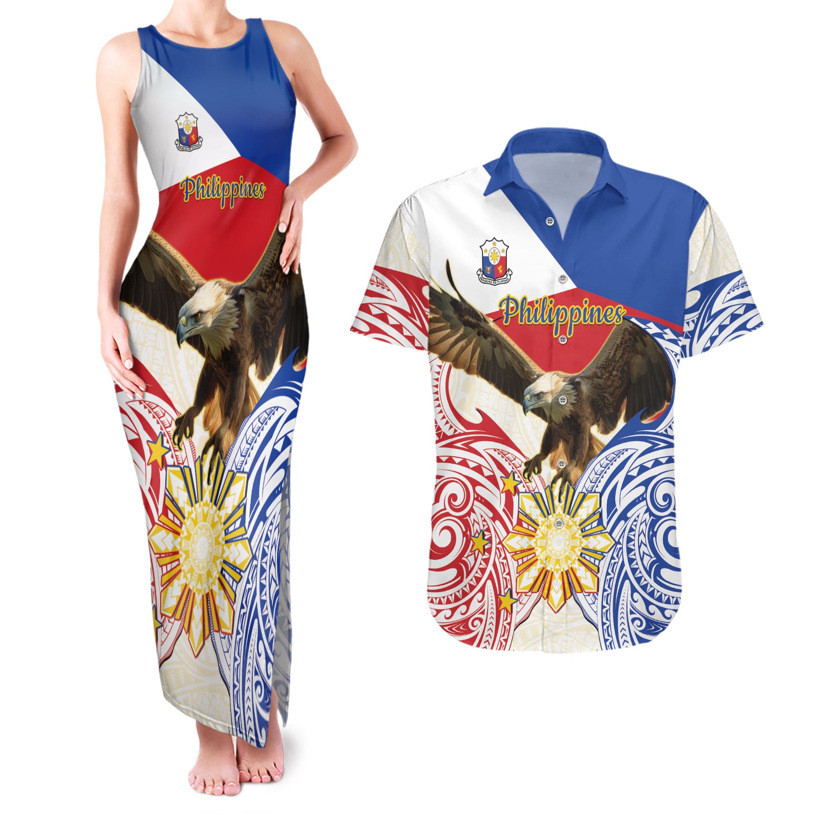 Philippines Independence Day Couples Matching Tank Maxi Dress and Hawaiian Shirt Pilipinas Eagle 126th Anniversary LT14 Blue - Polynesian Pride
