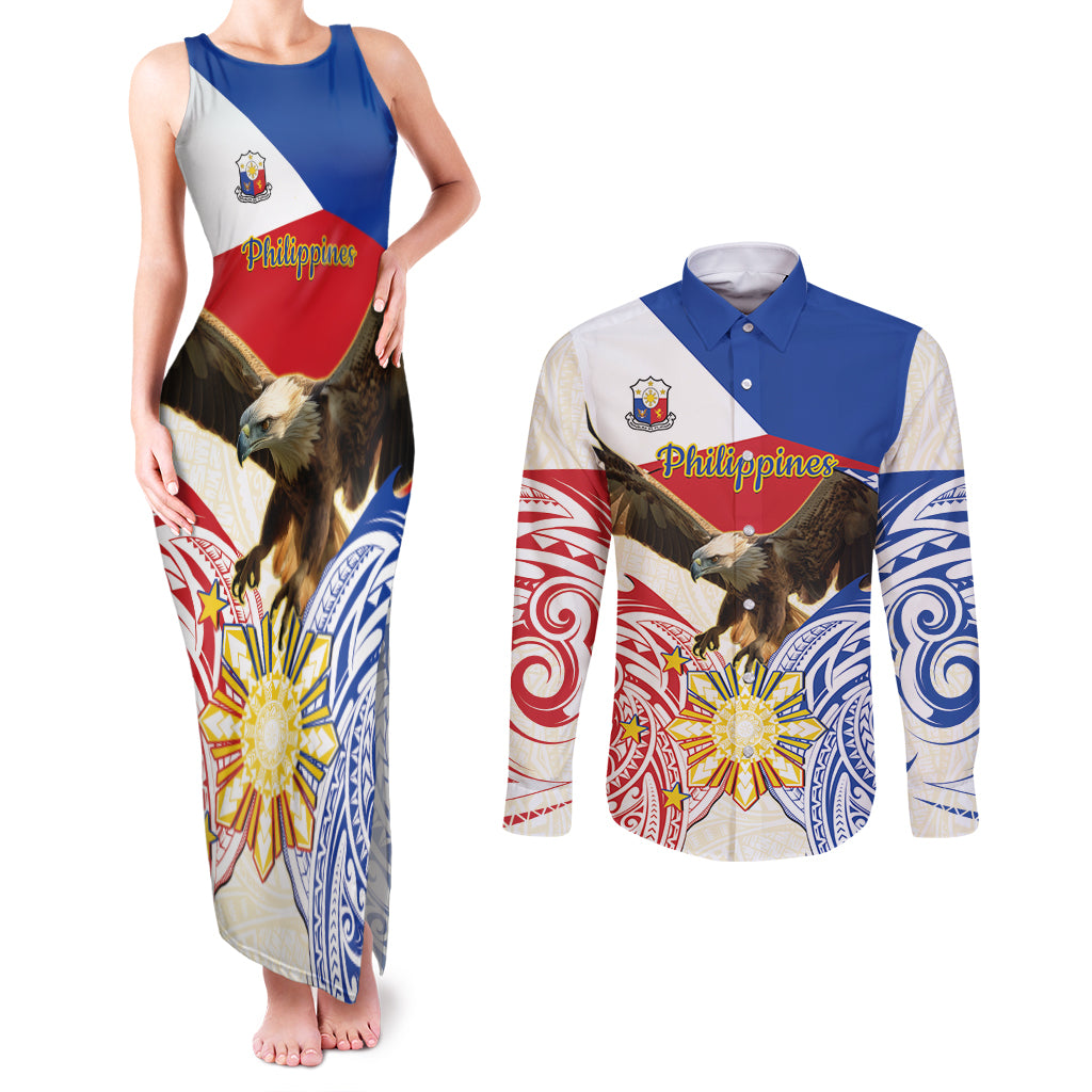Philippines Independence Day Couples Matching Tank Maxi Dress and Long Sleeve Button Shirt Pilipinas Eagle 126th Anniversary LT14 Blue - Polynesian Pride