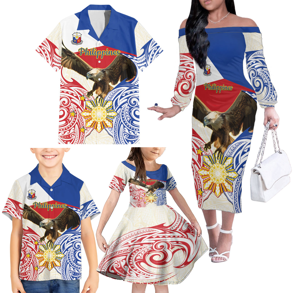 Philippines Independence Day Family Matching Off The Shoulder Long Sleeve Dress and Hawaiian Shirt Pilipinas Eagle 126th Anniversary LT14 - Polynesian Pride