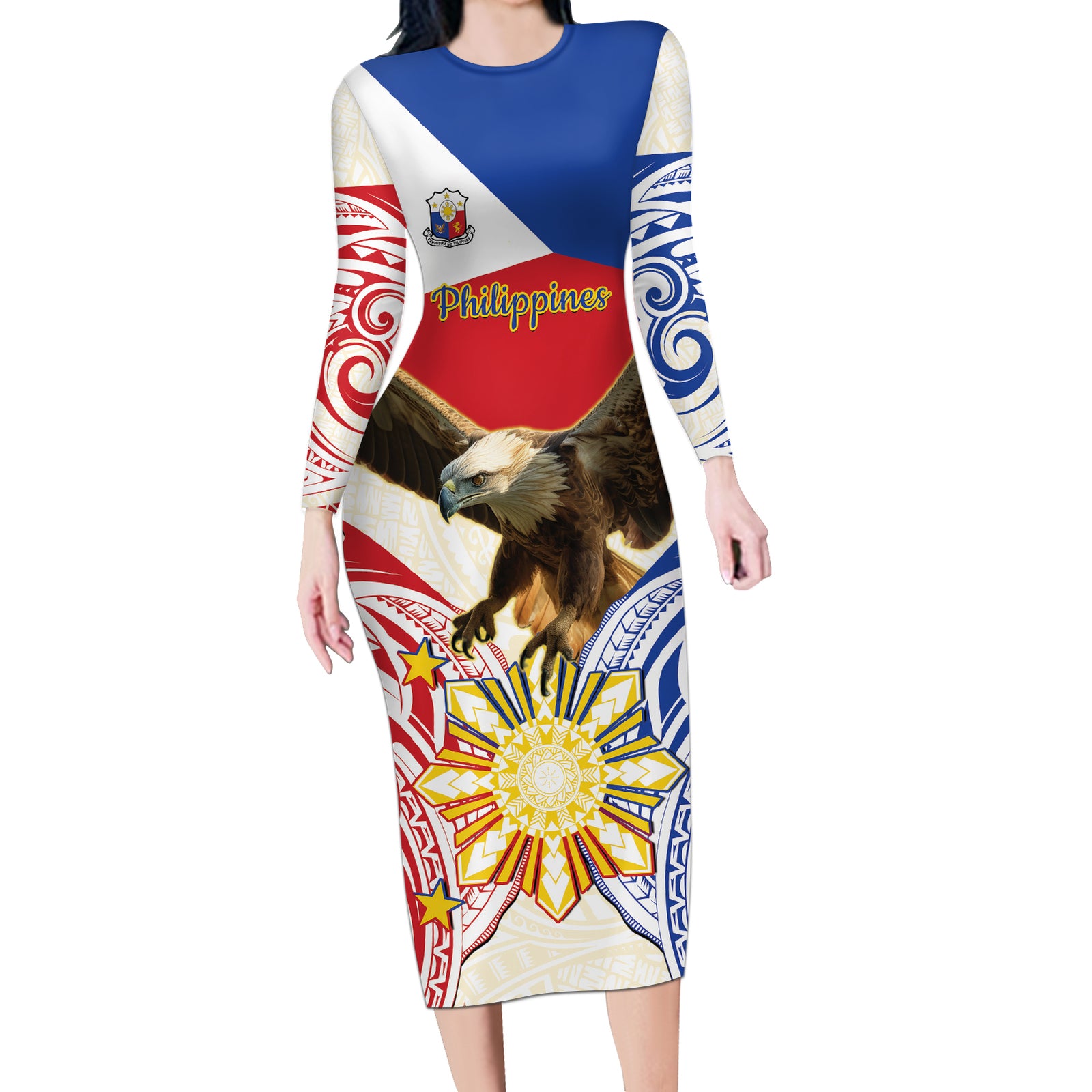 Philippines Independence Day Long Sleeve Bodycon Dress Pilipinas Eagle 126th Anniversary LT14 Long Dress Blue - Polynesian Pride
