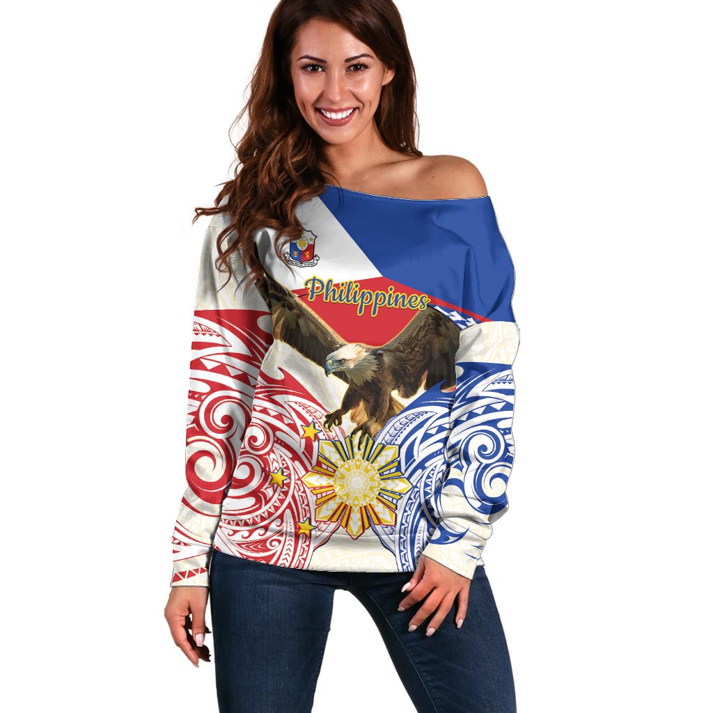 Philippines Independence Day Off Shoulder Sweater Pilipinas Eagle 126th Anniversary LT14 Women Blue - Polynesian Pride