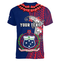 Personalised Samoa Women V Neck T Shirt Ula Fala Mix Samoan Tribal Blue Version LT14 - Polynesian Pride