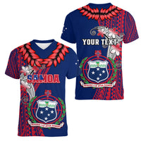 Personalised Samoa Women V Neck T Shirt Ula Fala Mix Samoan Tribal Blue Version LT14 - Polynesian Pride