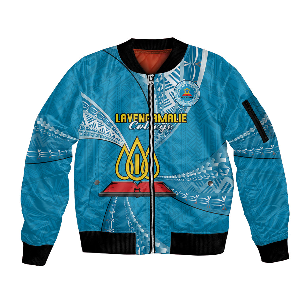 Personalised Tonga Lavengamalie College Sleeve Zip Bomber Jacket Tongan Ngatu Pattern LT14 Unisex Blue - Polynesian Pride