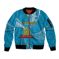 Personalised Tonga Lavengamalie College Sleeve Zip Bomber Jacket Tongan Ngatu Pattern LT14 Unisex Blue - Polynesian Pride
