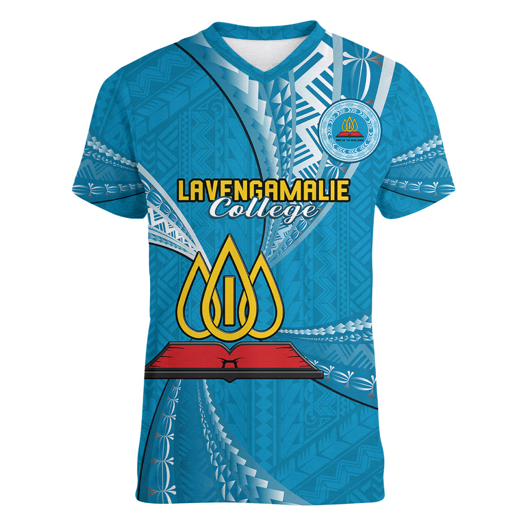 Personalised Tonga Lavengamalie College Women V Neck T Shirt Class Of Year Tongan Ngatu Pattern LT14 Female Blue - Polynesian Pride