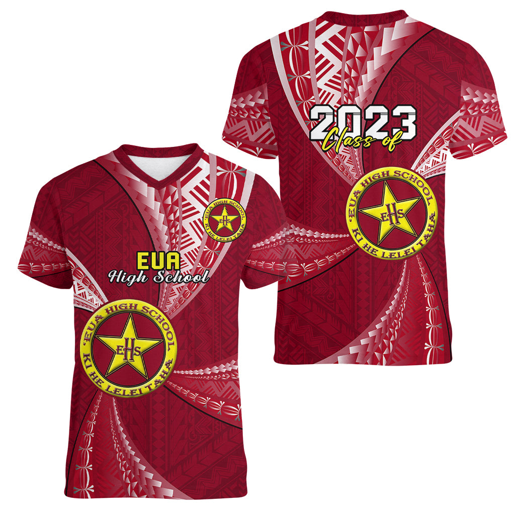 Personalised Tonga Eua High School Women V Neck T Shirt Class Of Year Tongan Ngatu Pattern LT14 - Polynesian Pride