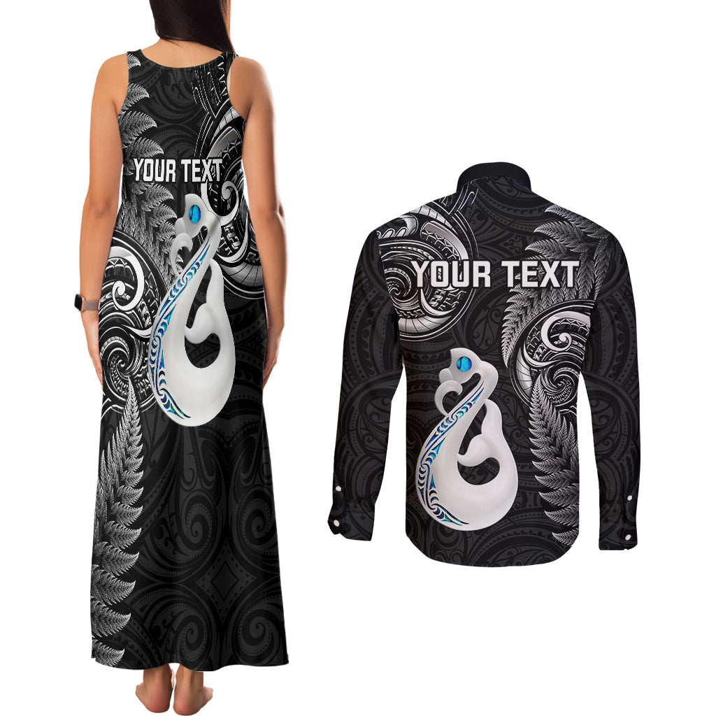 Personalised New Zealand Couples Matching Tank Maxi Dress and Long Sleeve Button Shirts Aotearoa Silver Fern With Manaia Maori Unique Black LT14 - Polynesian Pride