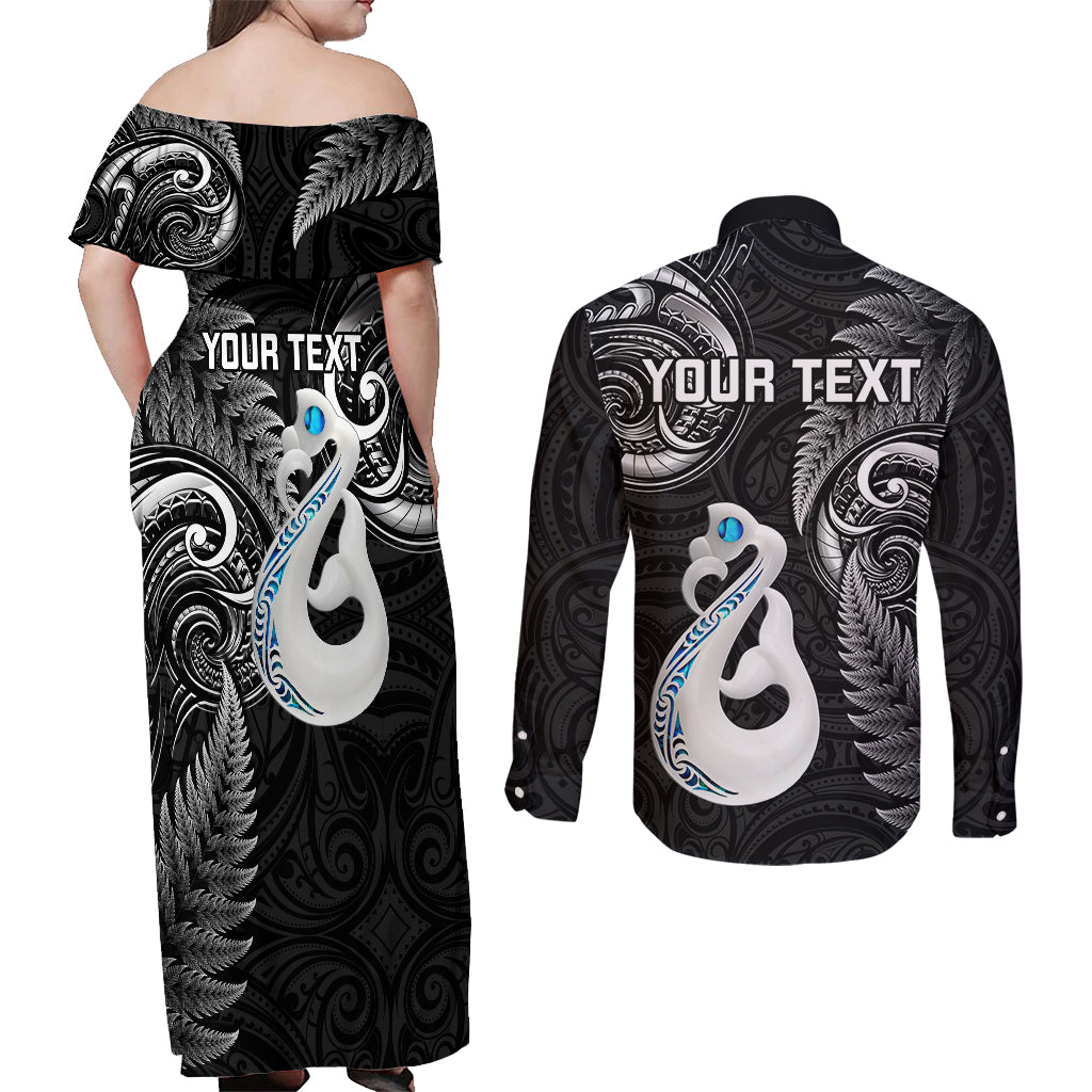 Personalised New Zealand Couples Off Shoulder Maxi Dress and Long Sleeve Button Shirts Aotearoa Silver Fern With Manaia Maori Unique Black LT14 - Polynesian Pride