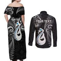 Personalised New Zealand Couples Off Shoulder Maxi Dress and Long Sleeve Button Shirts Aotearoa Silver Fern With Manaia Maori Unique Black LT14 - Polynesian Pride