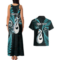 Personalised New Zealand Couples Matching Tank Maxi Dress And Hawaiian Shirt Aotearoa Silver Fern With Manaia Maori Unique Turquoise LT14 - Polynesian Pride