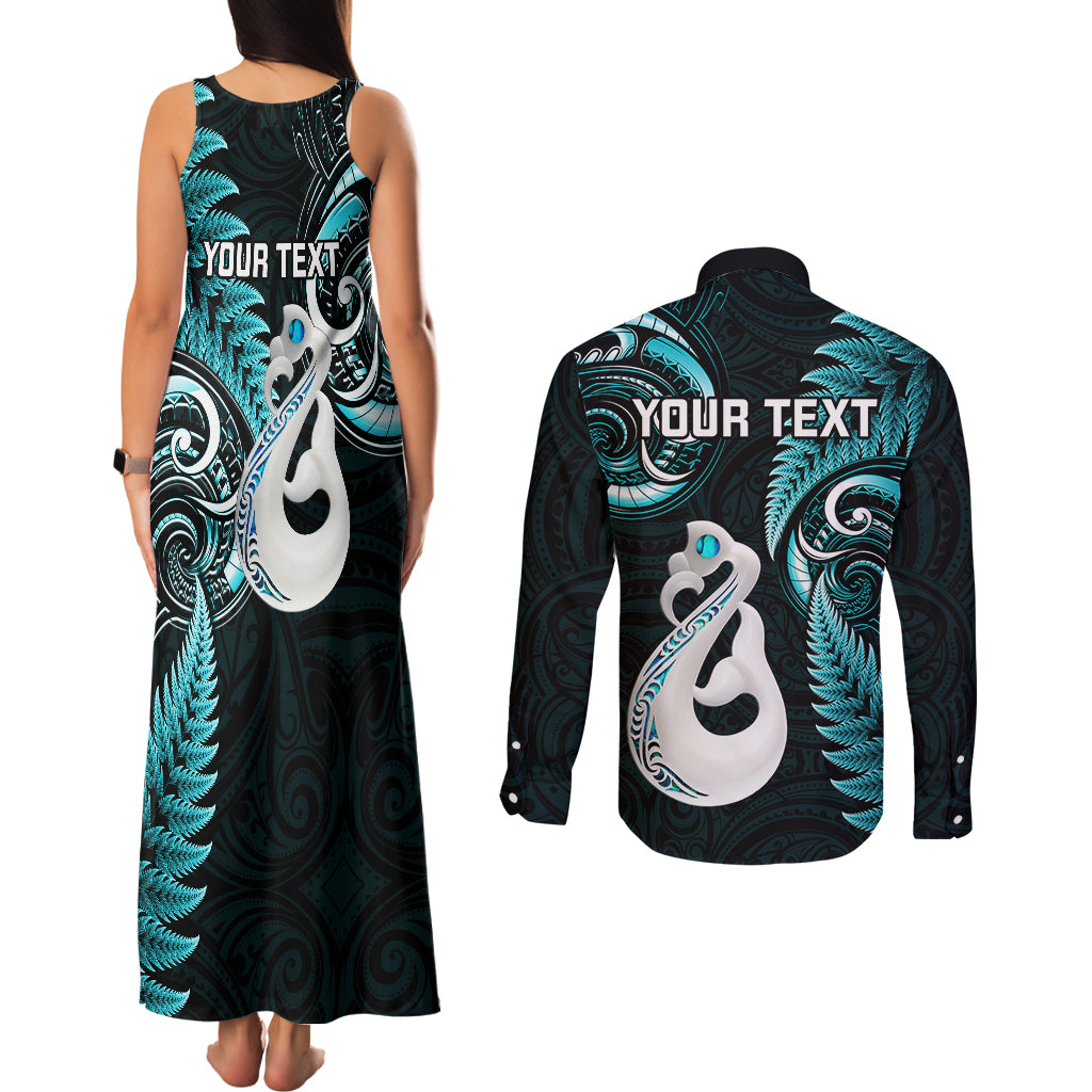 Personalised New Zealand Couples Matching Tank Maxi Dress and Long Sleeve Button Shirts Aotearoa Silver Fern With Manaia Maori Unique Turquoise LT14 - Polynesian Pride