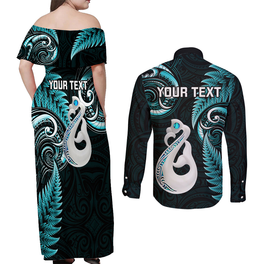 Personalised New Zealand Couples Off Shoulder Maxi Dress and Long Sleeve Button Shirts Aotearoa Silver Fern With Manaia Maori Unique Turquoise LT14 - Polynesian Pride