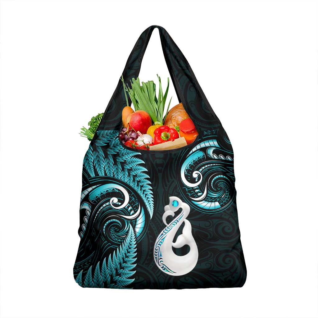 Turquoise New Zealand Grocery Bag Aotearoa Silver Fern With Manaia Maori